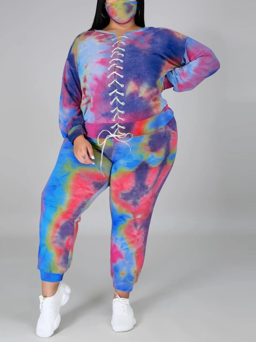 

Lovely Sportswear O Neck Tie-dye Purple Plus Size Two-piece Pants Set
