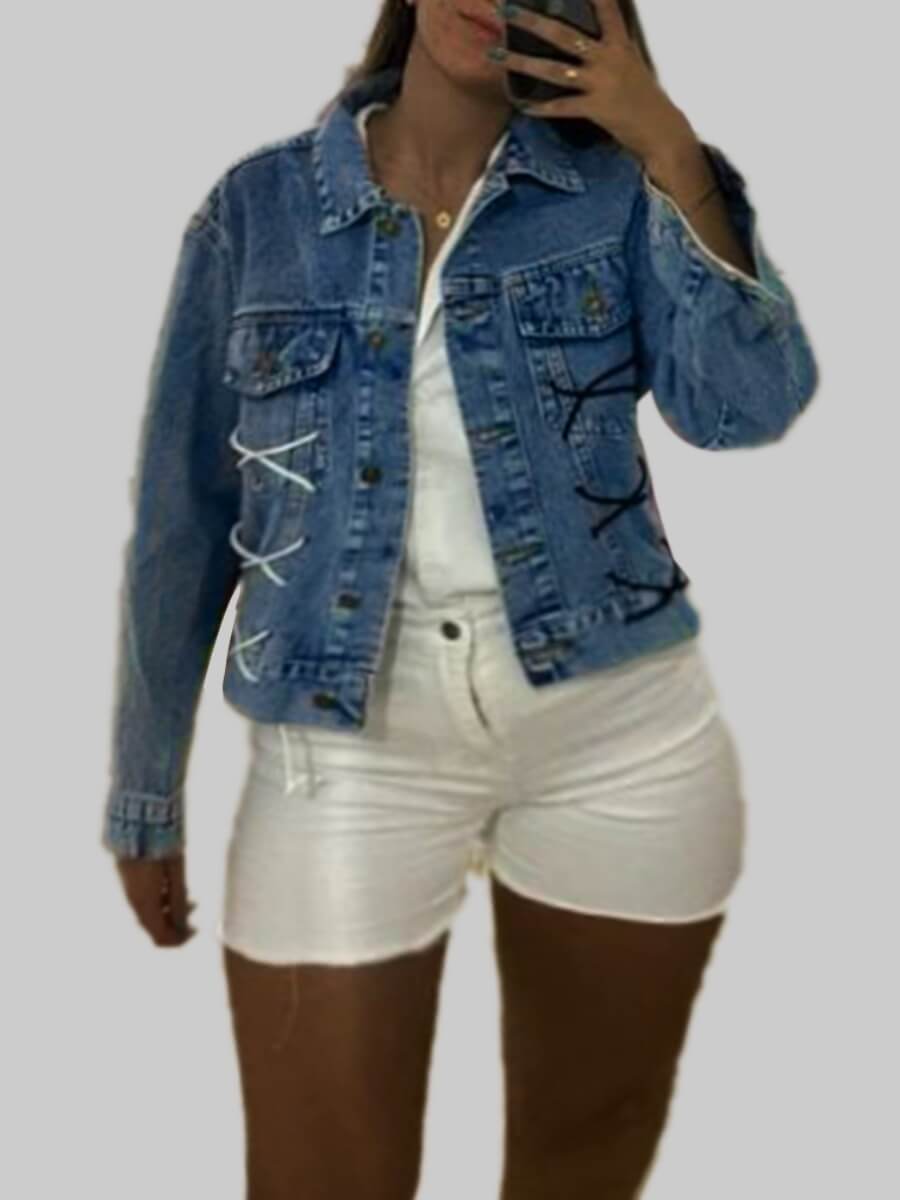 

Lovely Trendy Turndown Collar Bandage Design Blue Denim Jacket