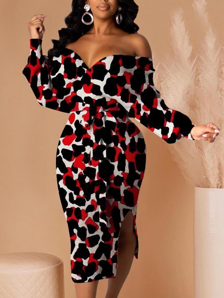 

Lovely Trendy Dew Shoulder Print Red Knee Length Dress