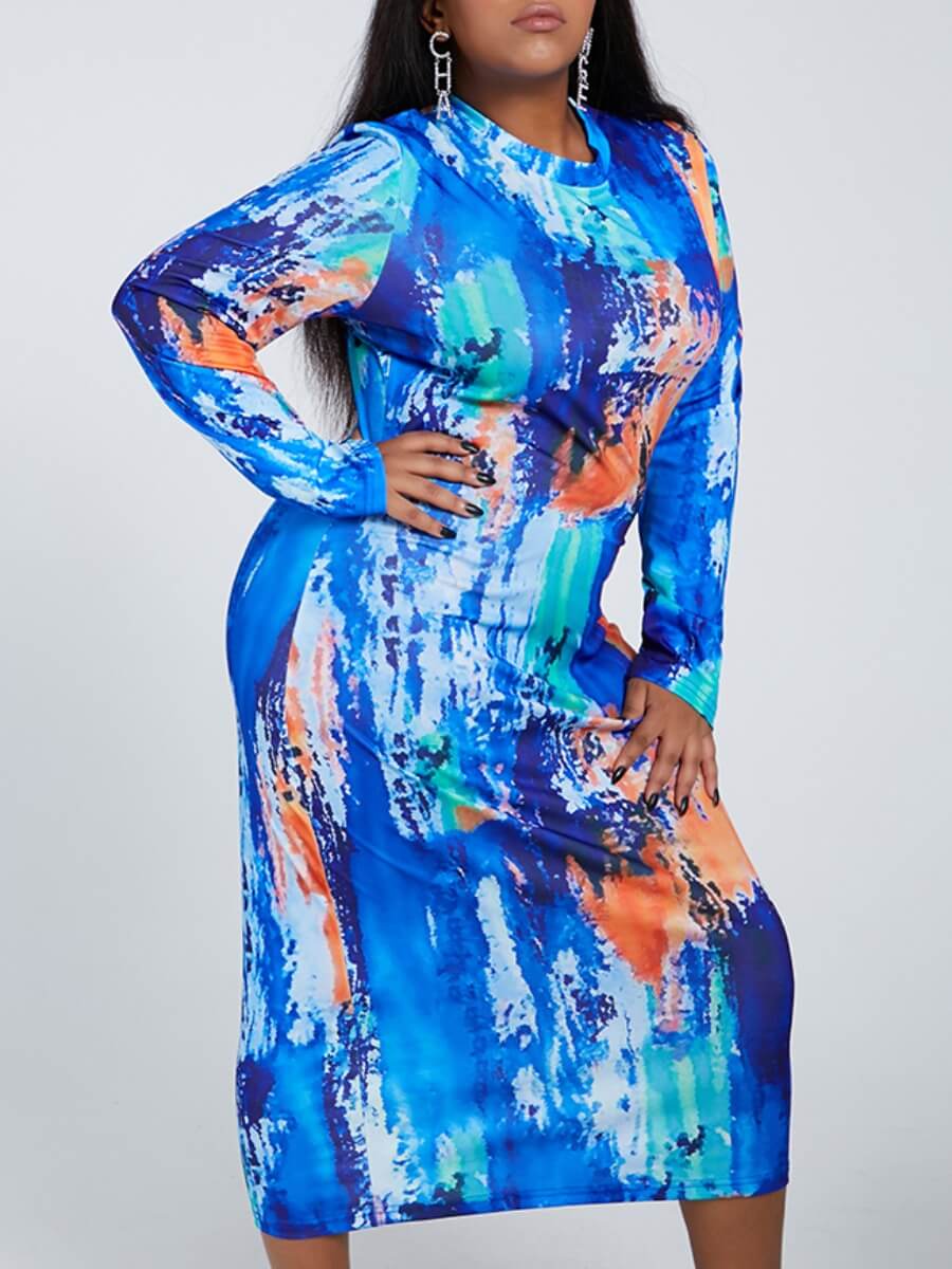 

Lovely Casual O Neck Tie-dye Blue Mid Calf Plus Size Dress