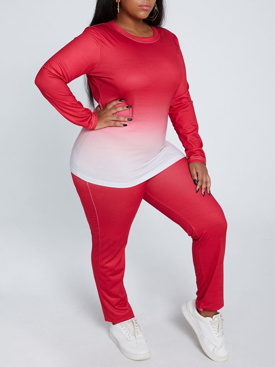 

Lovely Casual O Neck Gradient Print Rose Red Plus Size Two-piece Pants Set