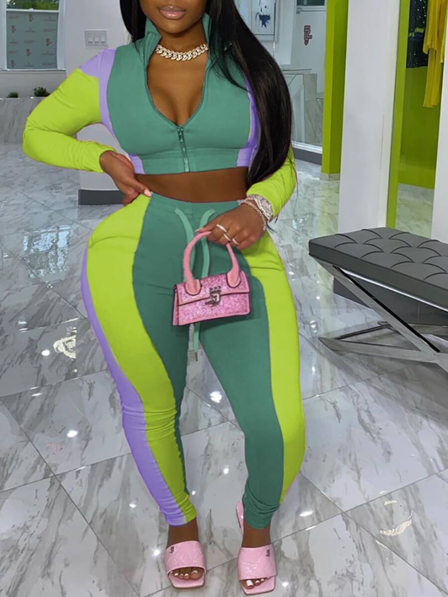 

Lovely Sportswear Turndown Collar Color-lump Patchwork Green Plus Size Two-piece Pants Set