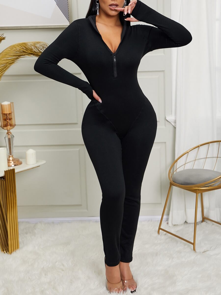 

Lovely Sportswear Zipper Design Skinny Black One-piece Jumpsuit