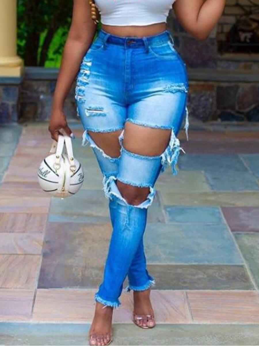 

Lovely Street Patchwork Hollow-out Baby Blue Jeans
