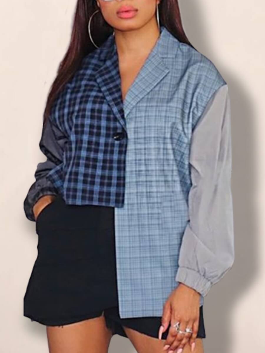 LW Trendy Turndown Collar Grid Print Patchwork Blue Blouse