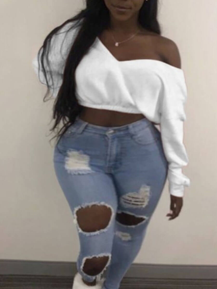 

LW Plus Size Leisure V Neck Basic White Short Hoodie