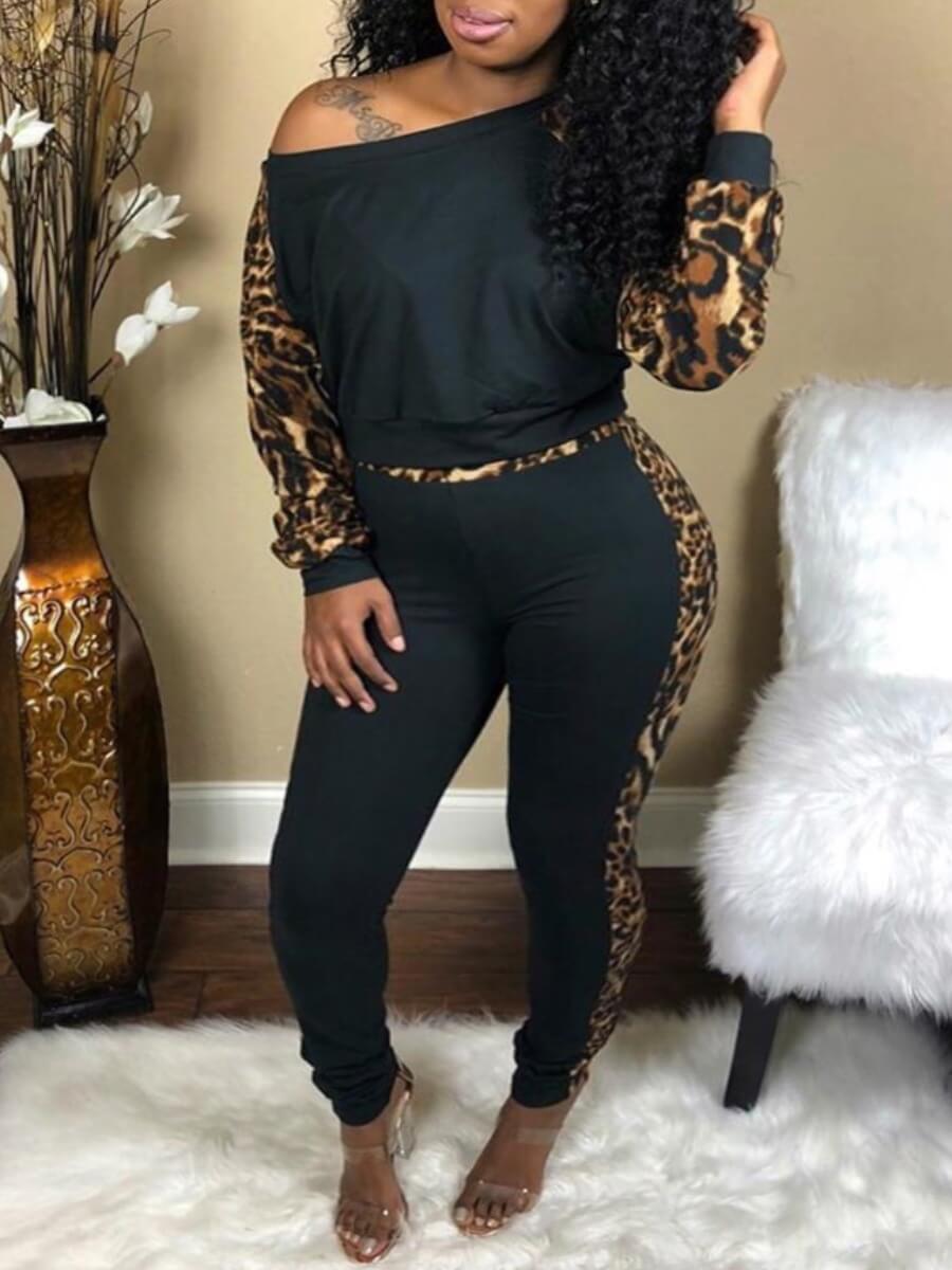 

Lovely Casual Leopard Print Patchwork Black Two Piece Pants Set