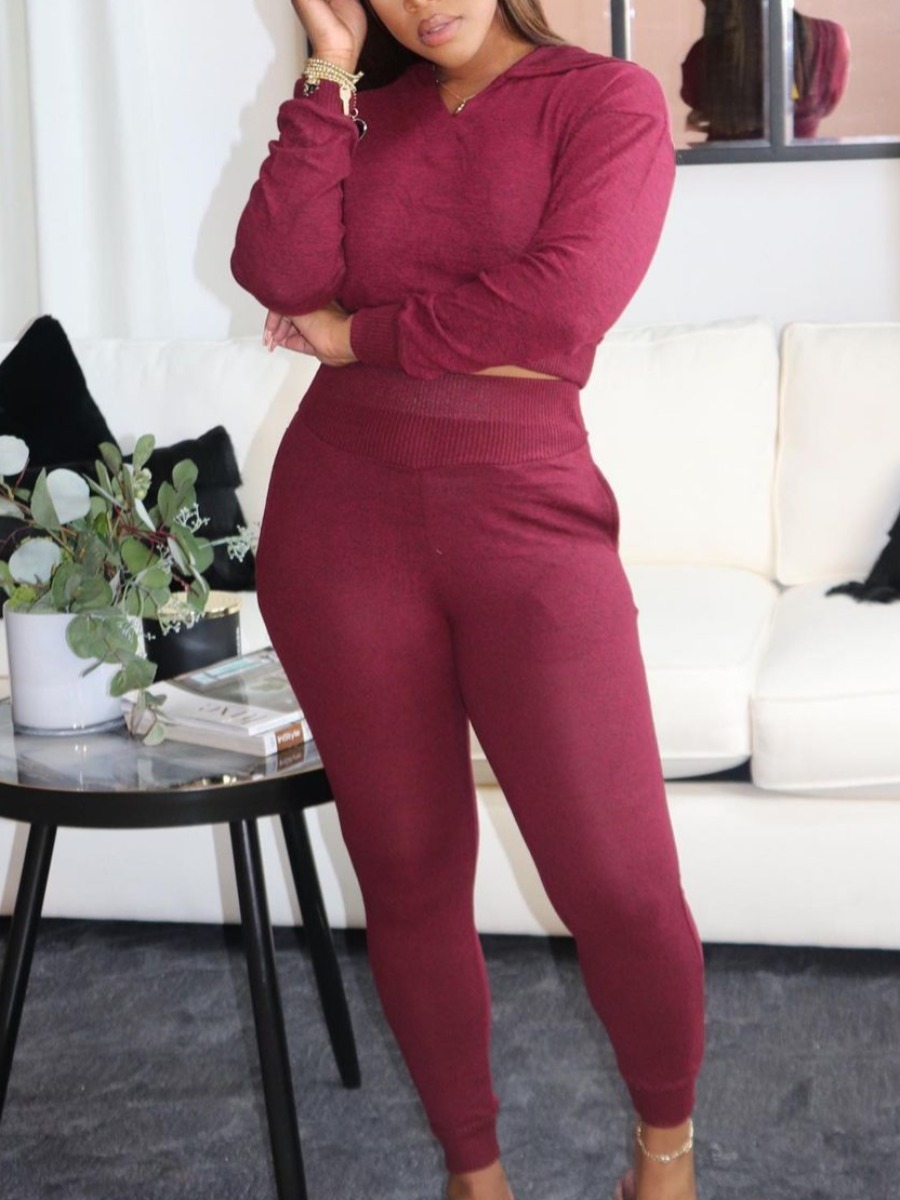 

Lovely Casual Turndown Collar Basic Wine Red Two Piece Pants Set
