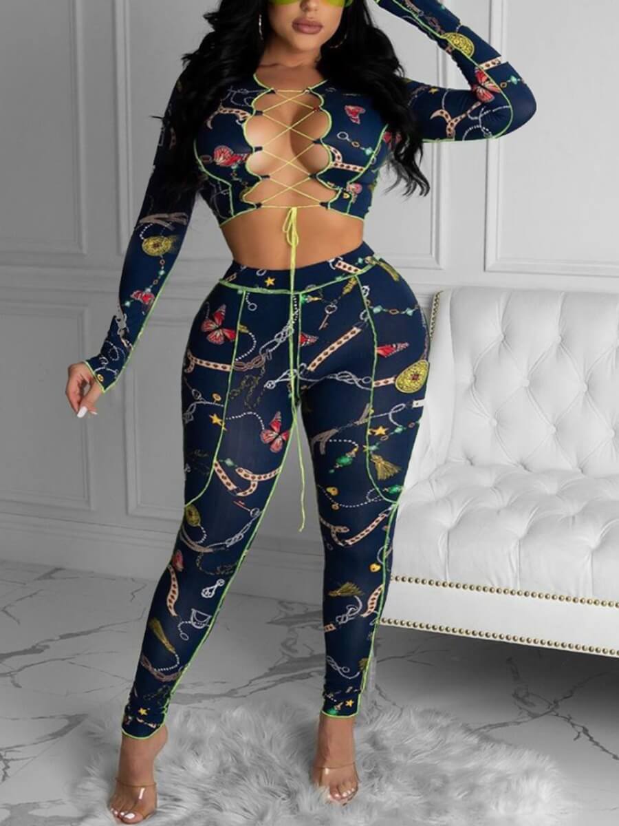 

Lovely Sexy Print Bandage Design Blue Plus Size Two-piece Pants Set
