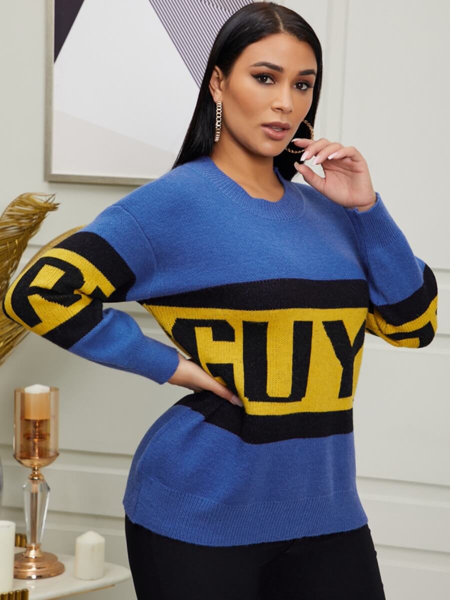 

Lovely Leisure O Neck Letter Print Blue Sweater