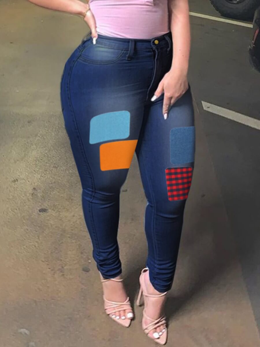 

Lovely Casual Patchwork Deep Blue Plus Size Jeans