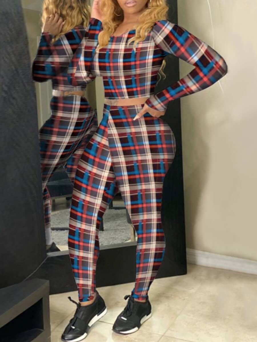 

Lovely Stylish O Neck Grid Print Multicolor Two Piece Pants Set(Batch Grid Print, Multicolor lattices