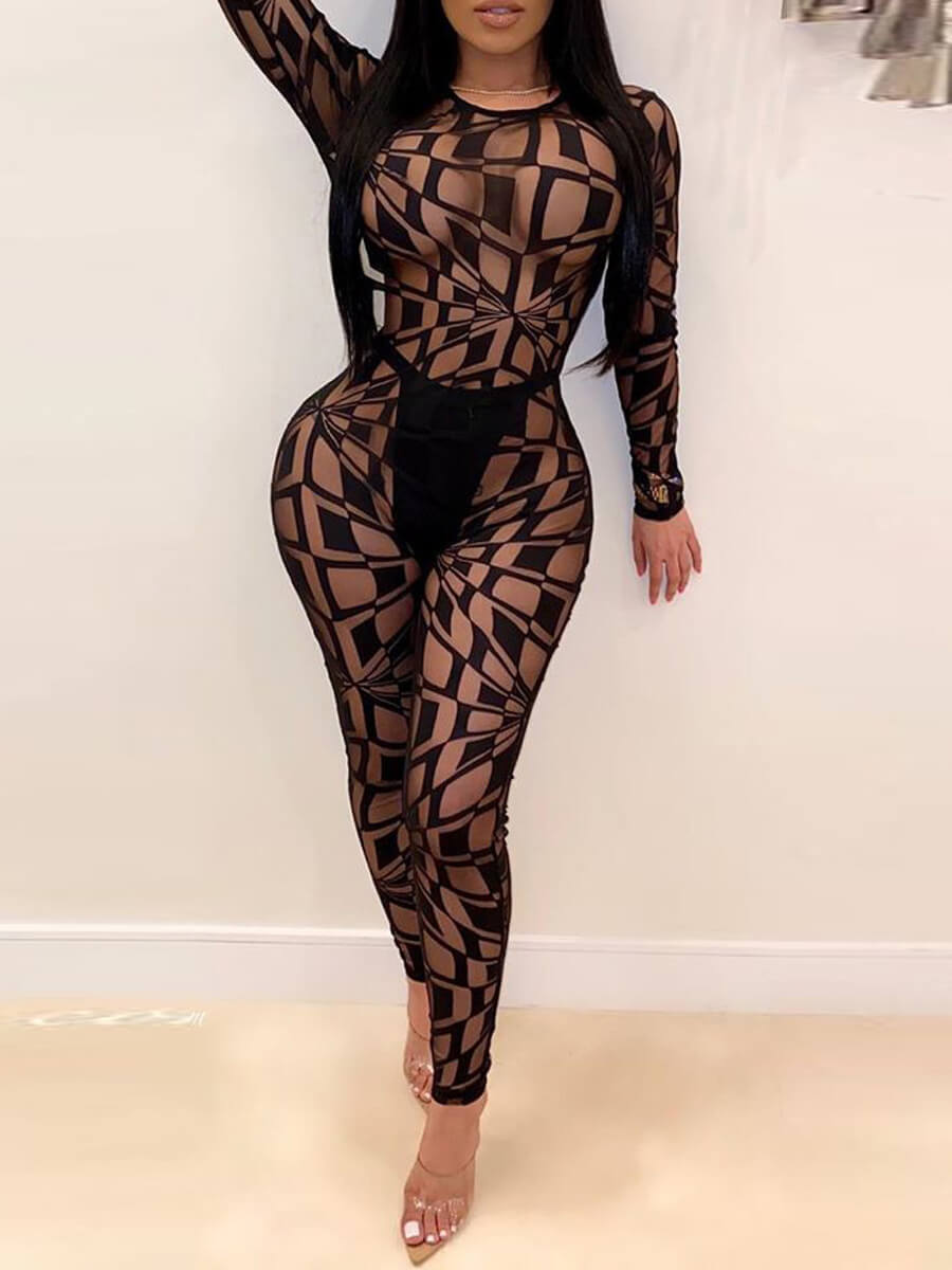 

Lovely Sexy Backless Print Black One-piece Jumpsuit
