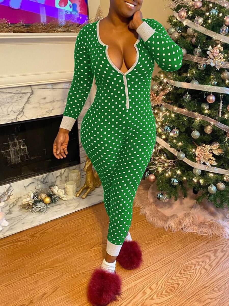 

Lovely Stylish Dot Print Zipper Design Green One-piece Jumpsuit