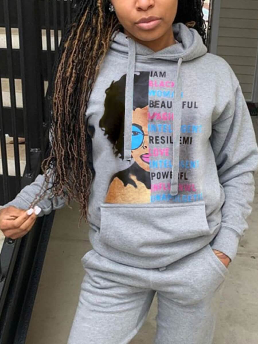 

Lovely Casual Hooded Collar Print Grey Hoodie