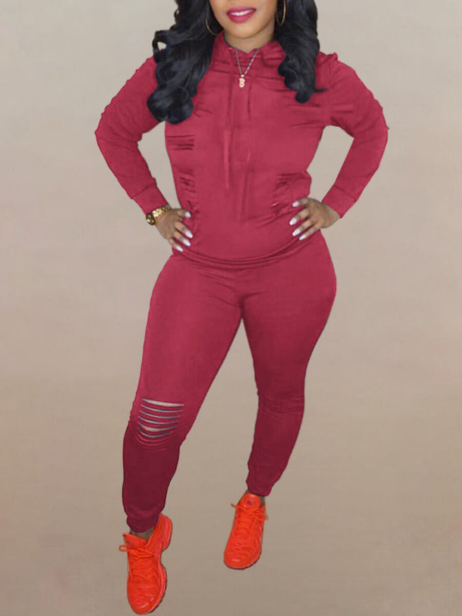 

Lovely Casual Hooded Collar Zipper Design Broken Holes Rose Red Two Piece Pants Set