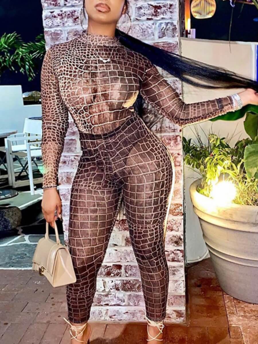 

Lovely Stylish Print Skinny Brown One-piece Jumpsuit
