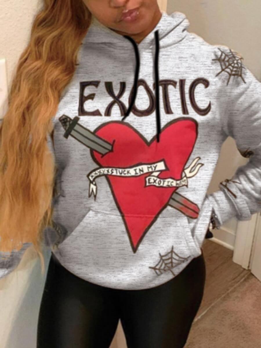 

Lovely Casual Hooded Collar Print Grey Hoodie