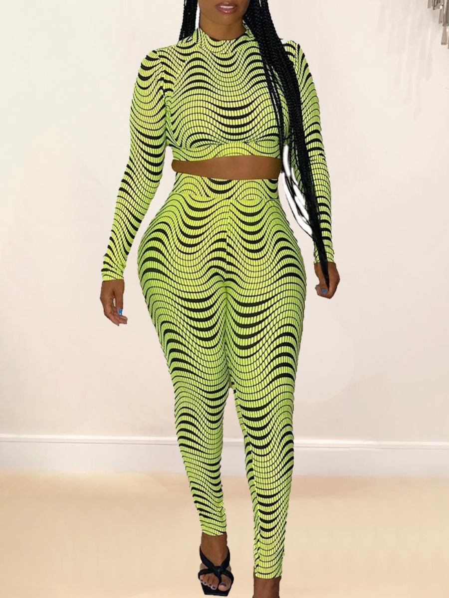 

Lovely Stylish Turtleneck Stiped Print Green Two Piece Pants Set