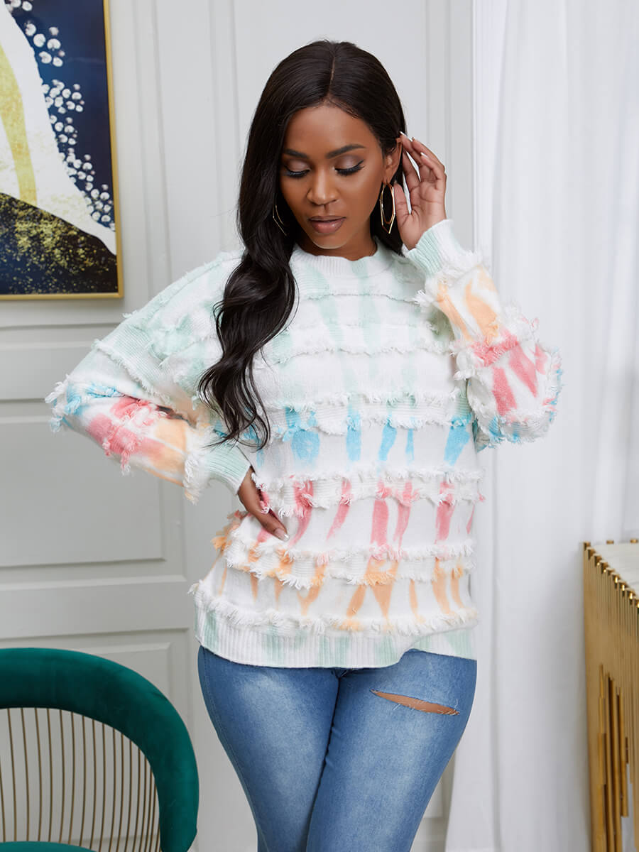 

Lovely Leisure O Neck Tie-dye Green Sweater