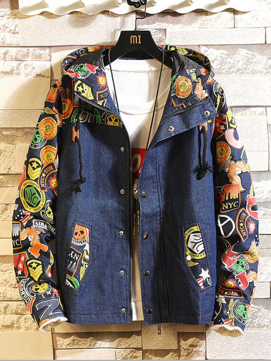 

Lovely Casual Hooded Collar Patchwork Print Blue Men Denim Jacket