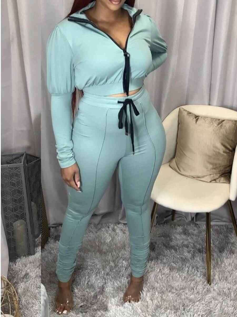

Lovely Sportswear Turndown Collar Zipper Design Baby Blue Two Piece Pants Set