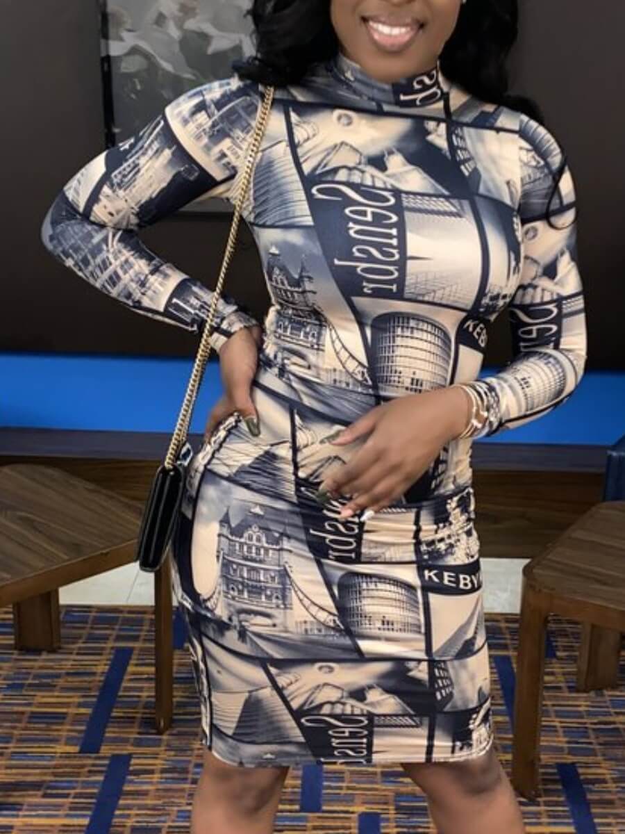 

Lovely Trendy Turtleneck Print Black Knee Length Dress