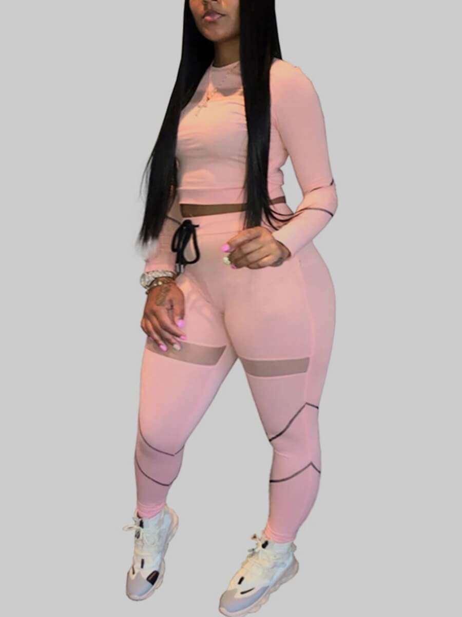

Lovely Casual O Neck Patchwork Pink Plus Size Two-piece Pants Set