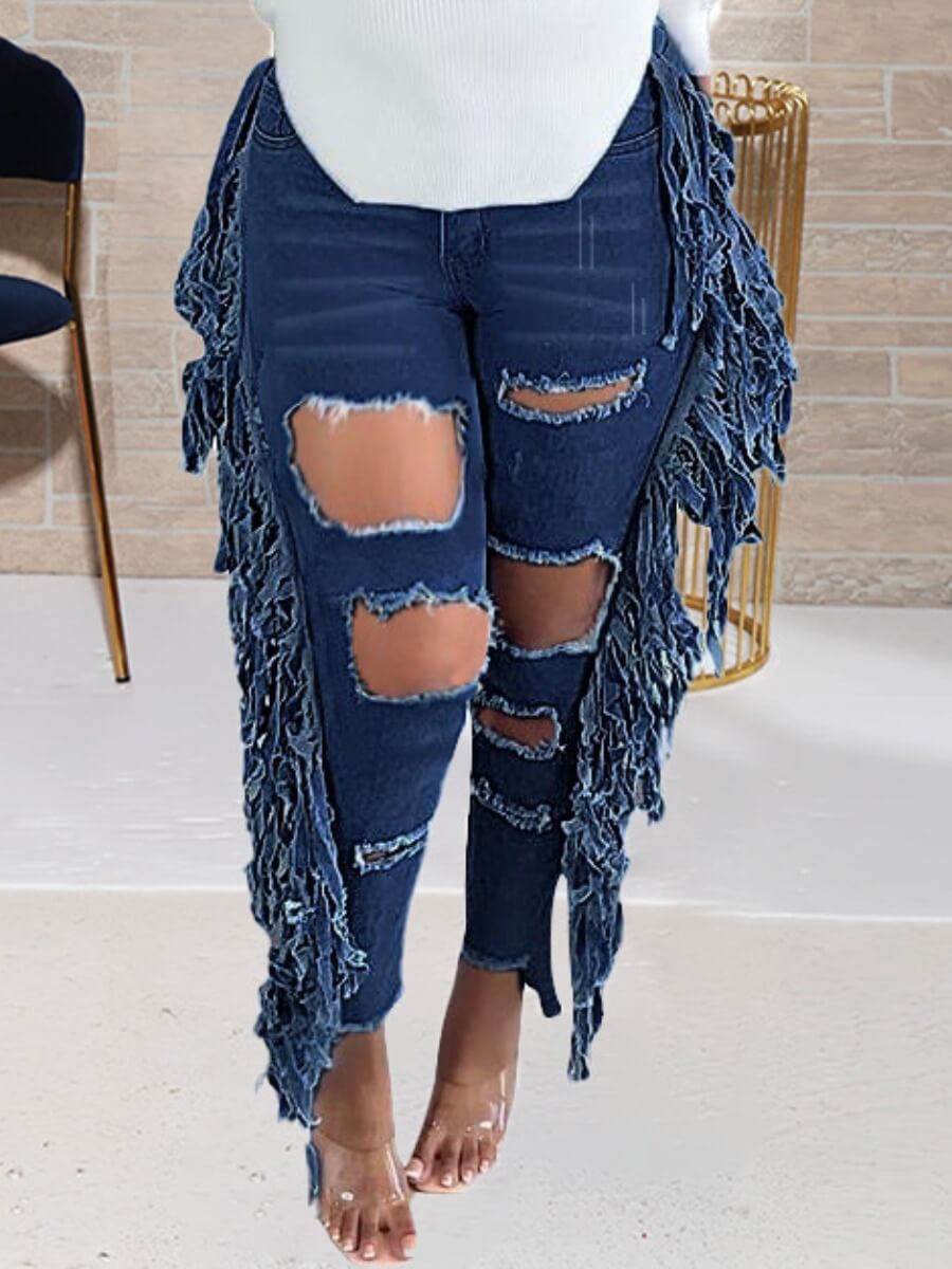 

Lovely Casual Hollow-out Tassel Design Deep Blue Jeans