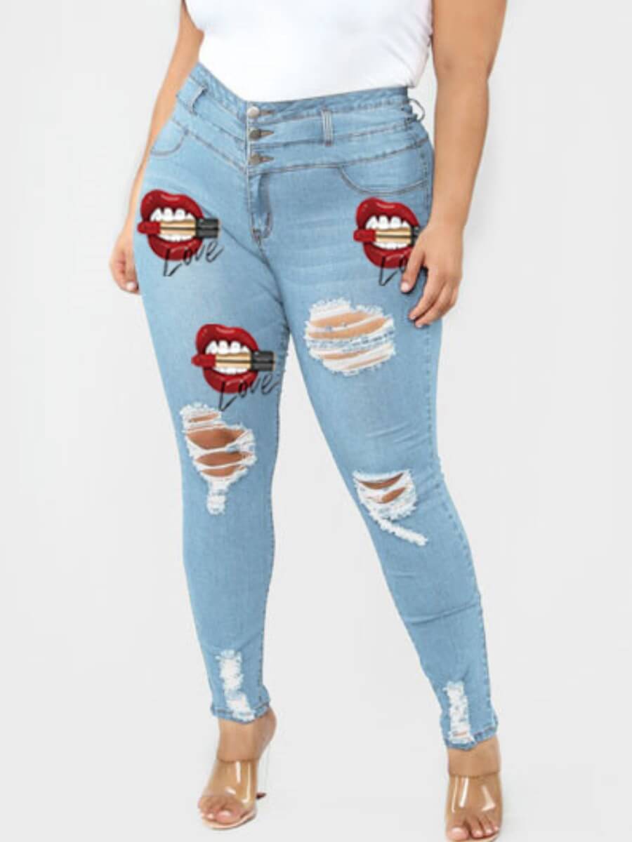 

Lovely Casual Lip Print Broken Holes Baby Blue Plus Size Jeans