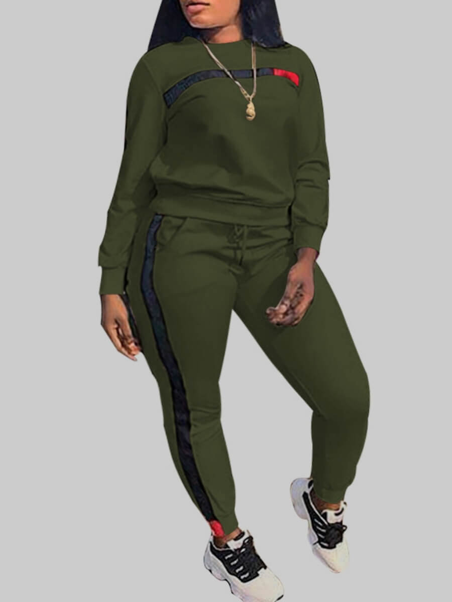 

Lovely Casual O Neck Patchwork Green Plus Size Two-piece Pants Set