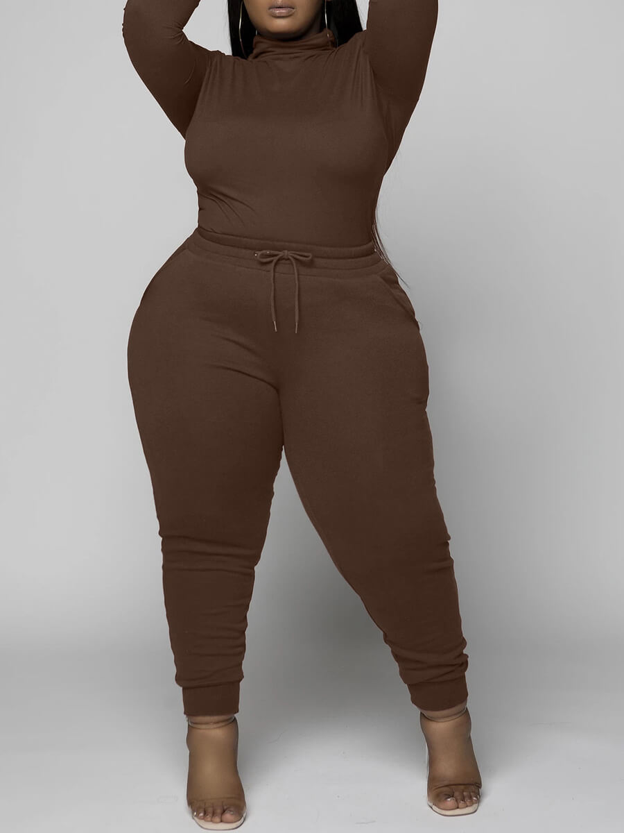 

Lovely Casual Turtleneck Basic Skinny Coffee Plus Size Two-piece Pants Set