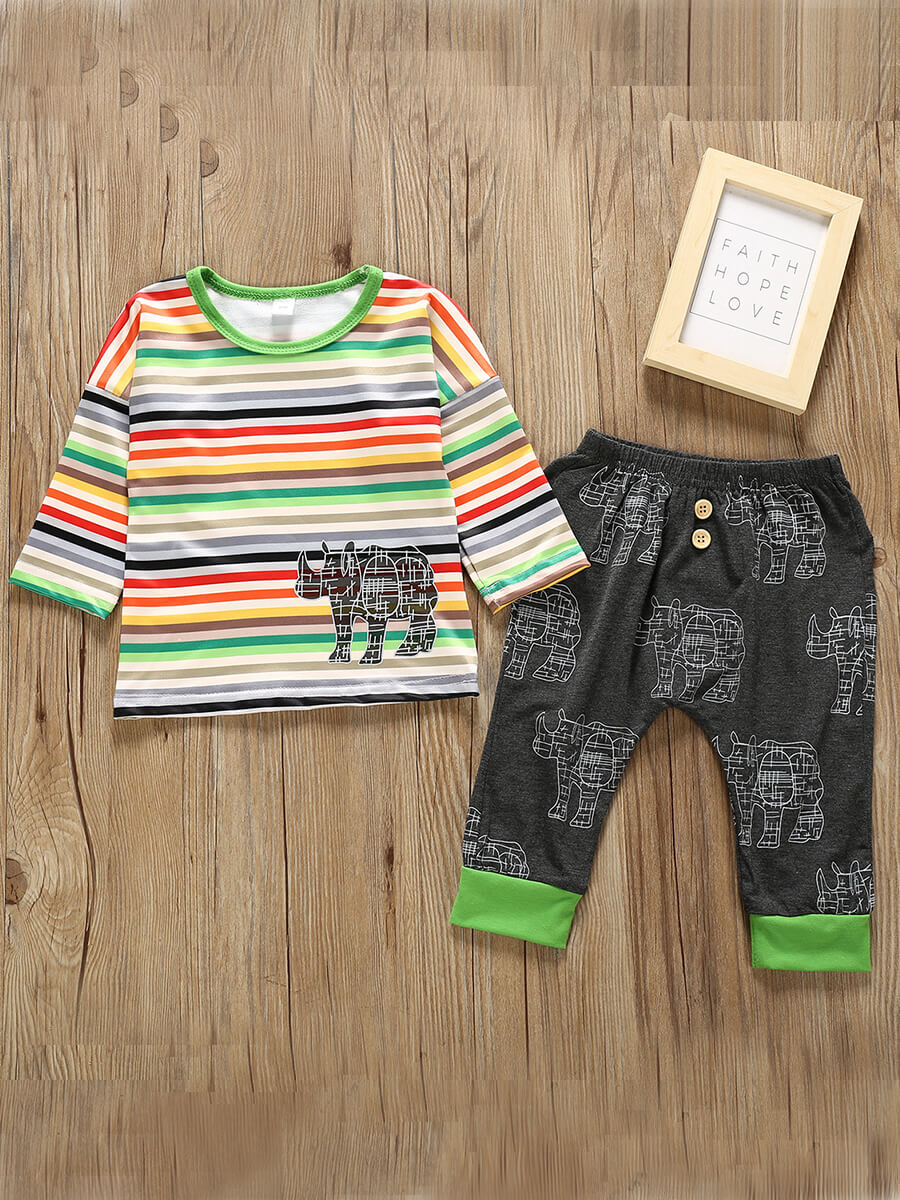 

Lovely Casual O Neck Rainbow Striped Green Boy Two-piece Pants Set