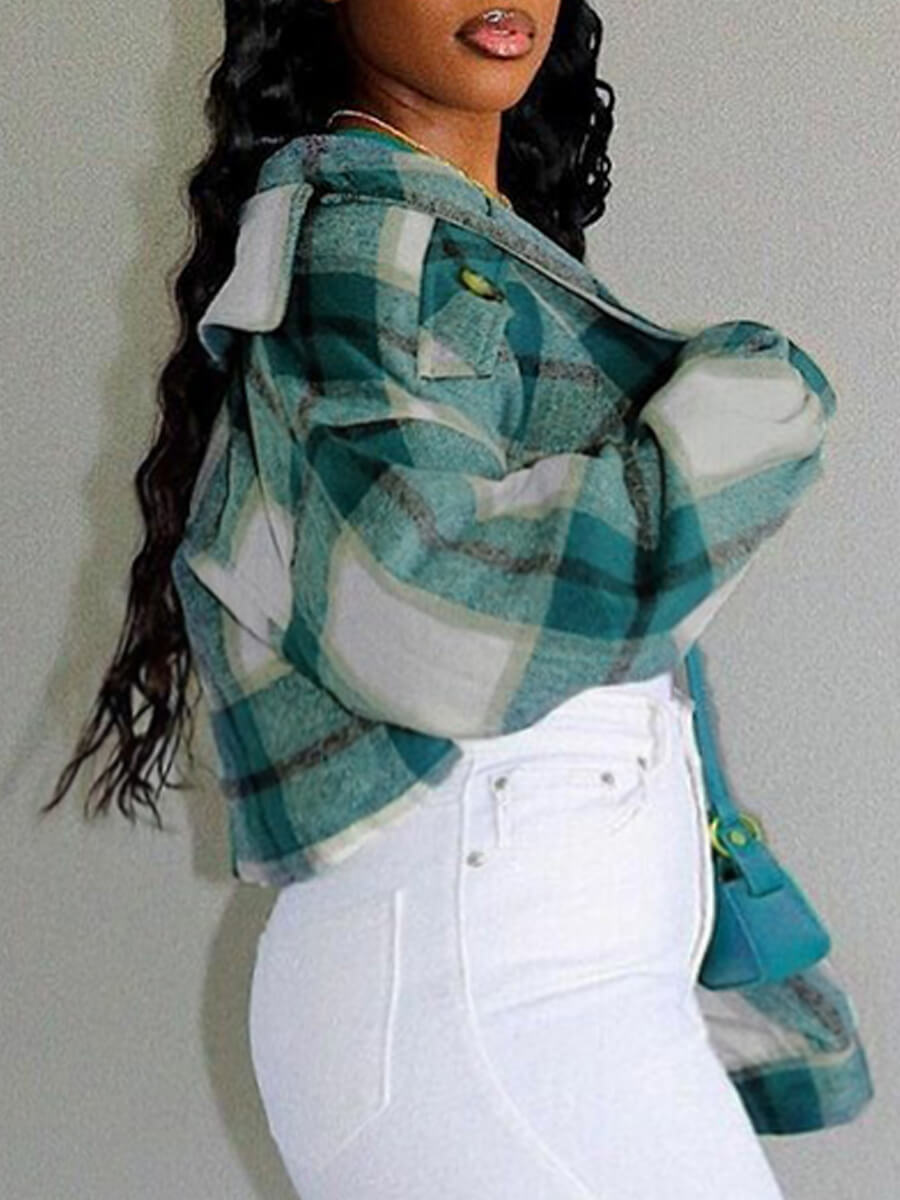 

Lovely Stylish Turndown Collar Grid Print Green Plus Size Coat