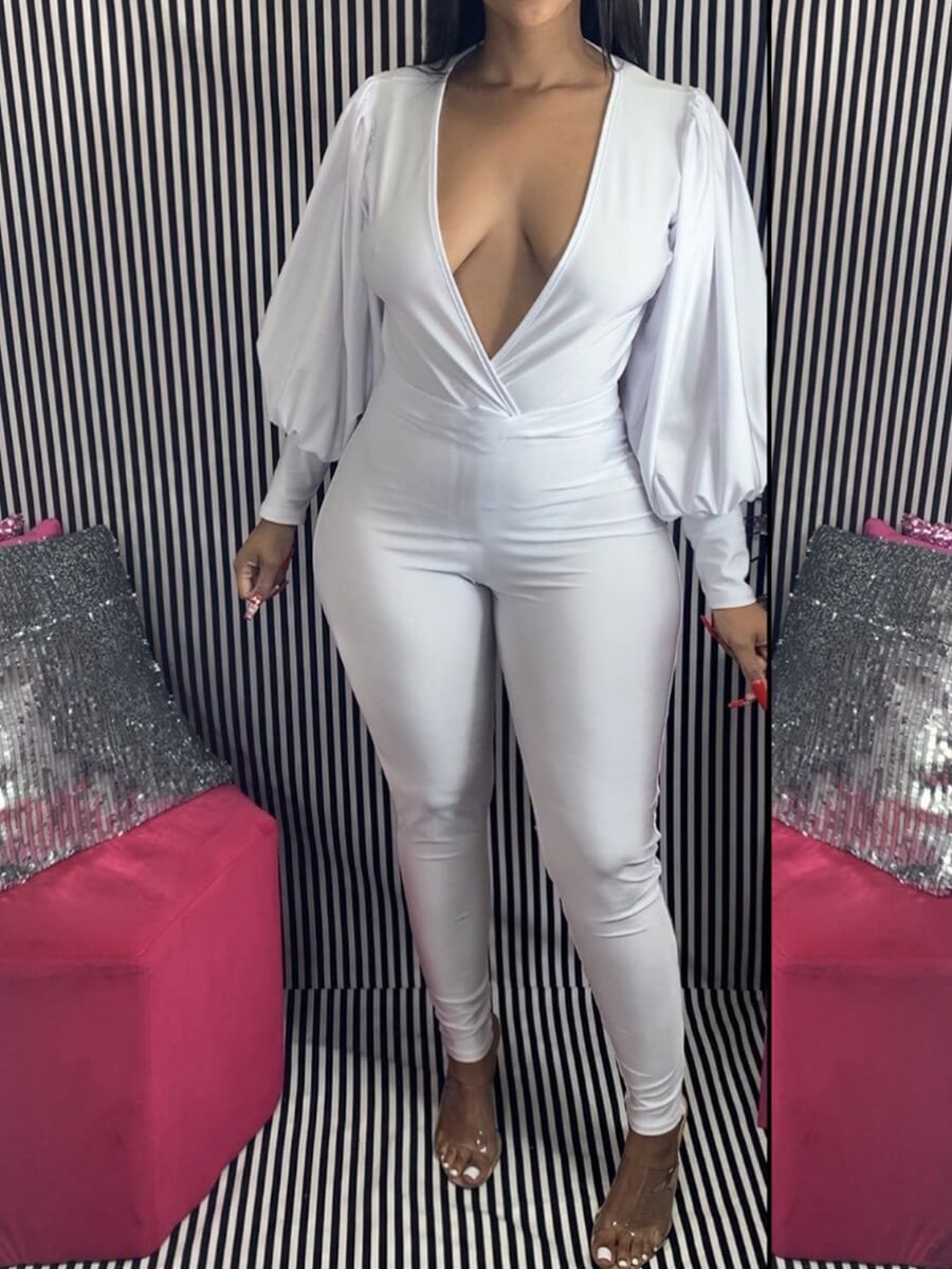 

Lovely Trendy Deep V Neck Puffed Sleeves White Two Piece Pants Set