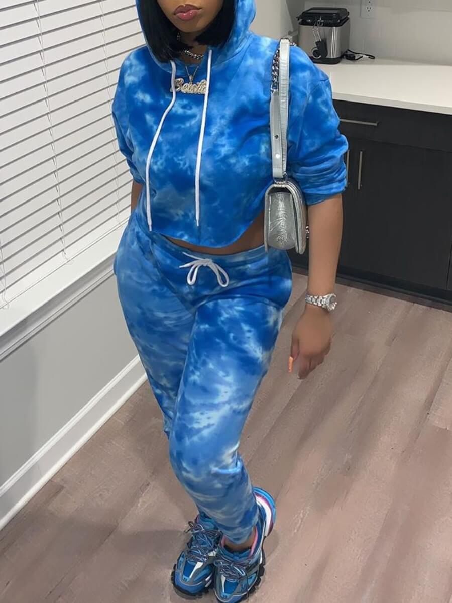 

Lovely Trendy Hooded Collar Tie Dye Blue Two Piece Pants Set