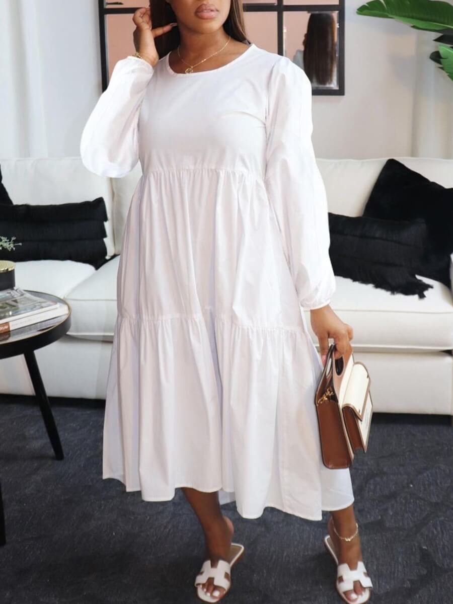 

Lovely Casual O Neck Fold Design Loose White Mid Calf Dress