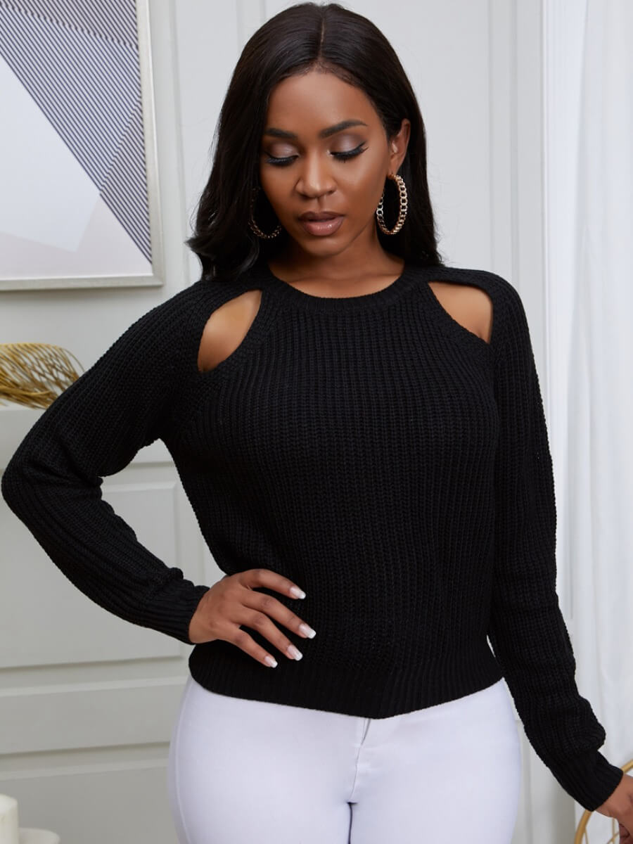

Lovely Trendy O Neck Hollow-out Black Sweater