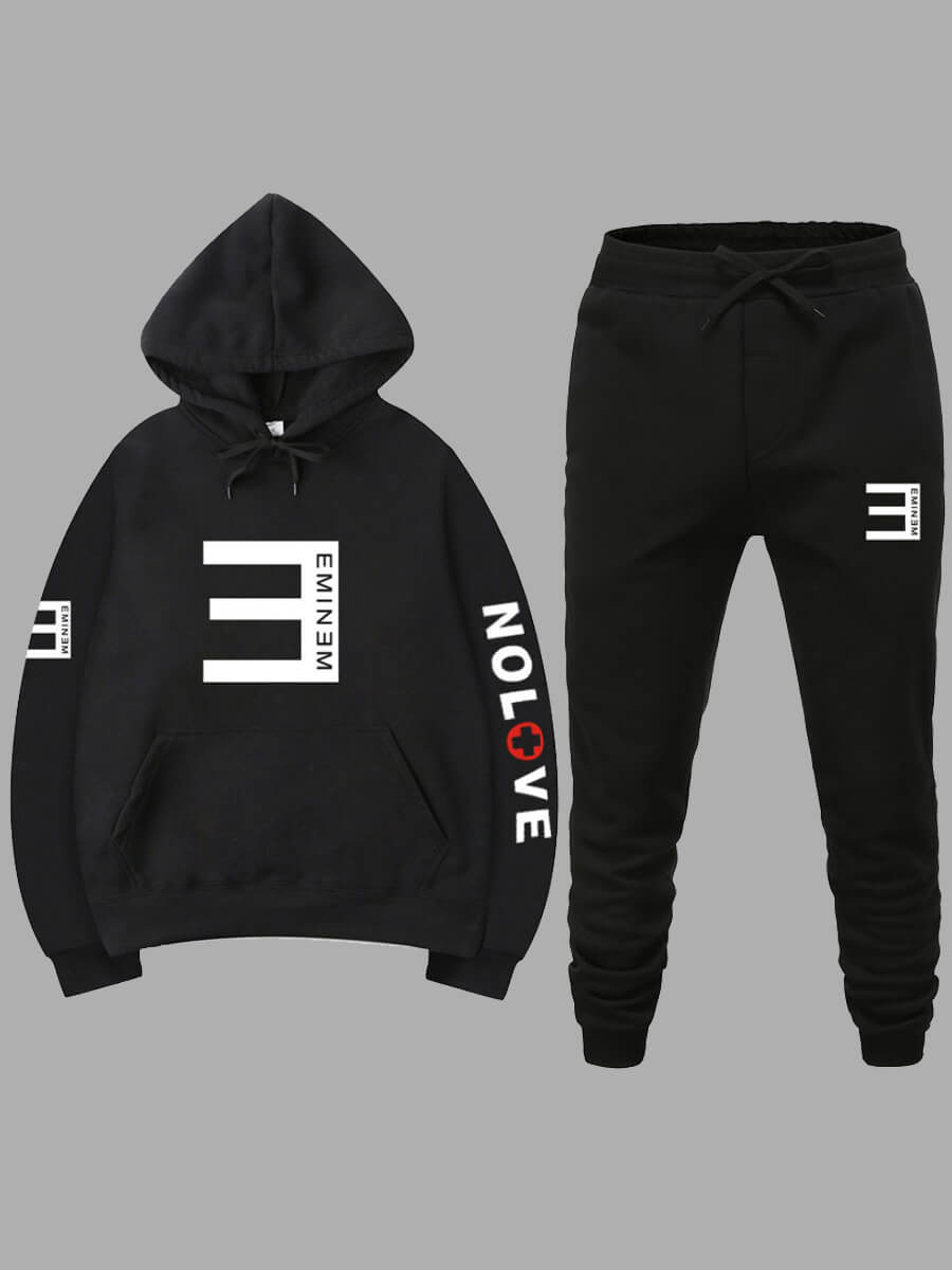 

LW Men Casual Hooded Collar Letter Print Black Two-piece Pants Set