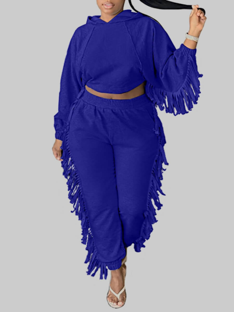 

Lovely Casual Hooded Collar Tassel Design Blue Plus Size Two-piece Pants Set