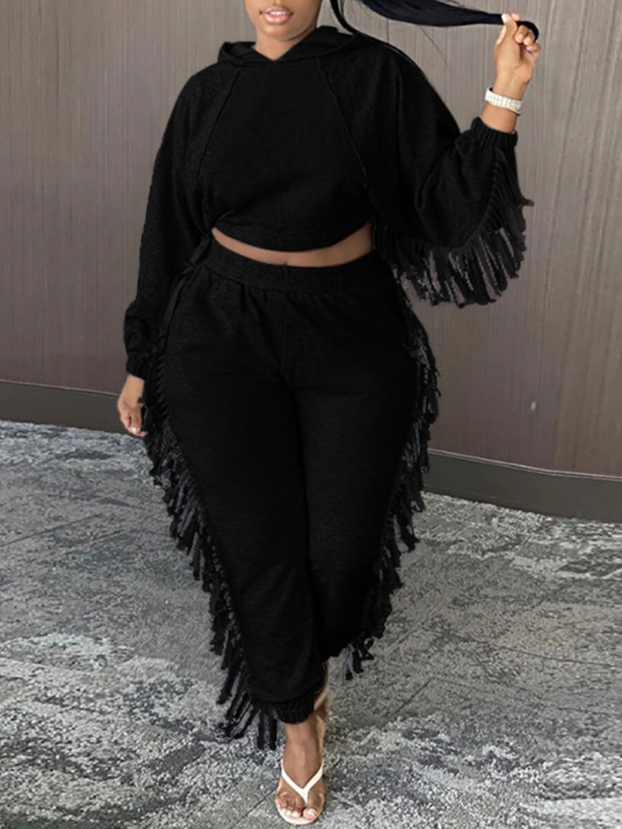 

Lovely Casual Hooded Collar Tassel Design Black Plus Size Two-piece Pants Set