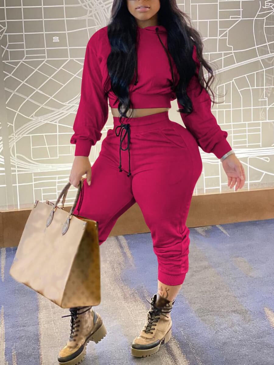 

Lovely Leisure Hooded Collar Lace-up Rose Red Two Piece Pants Set