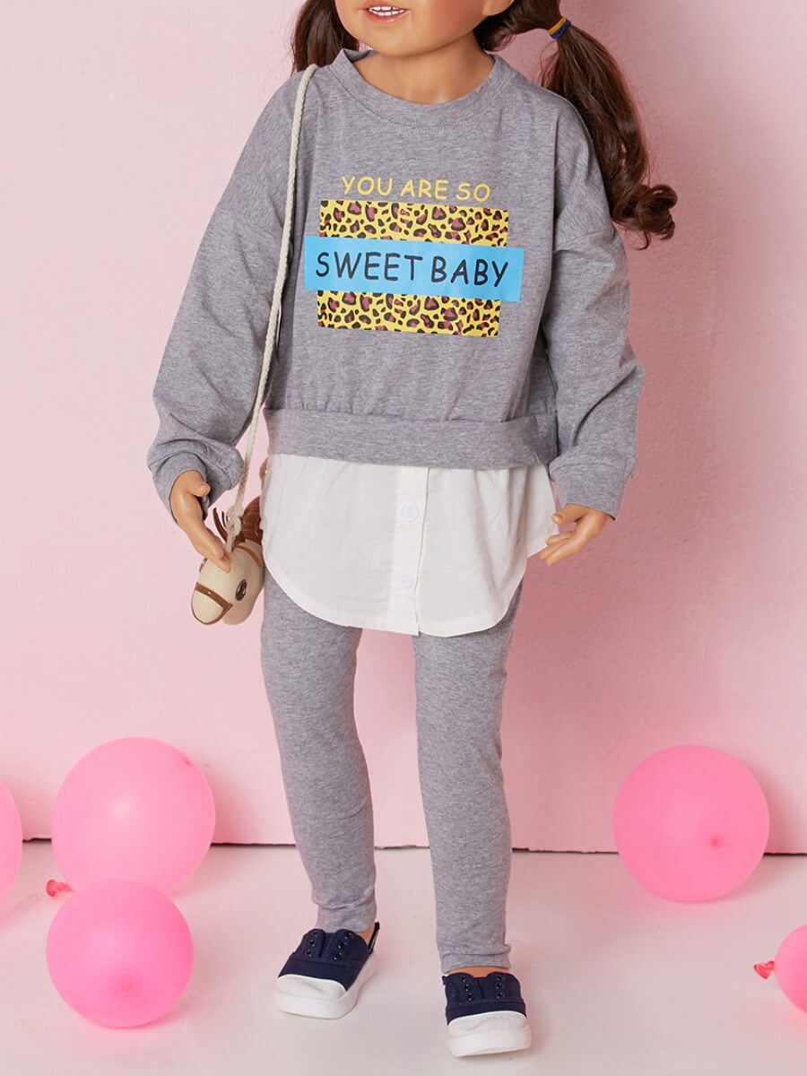 

Lovely Sportswear O Neck Letter Print Grey Girl Two-piece Pants Set