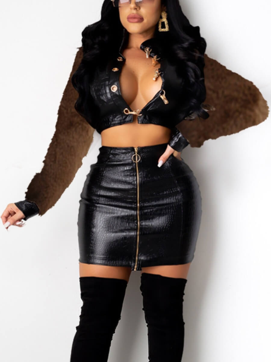 

Lovely Street Turndown Collar Patchwork Black Two Piece Skirt Set