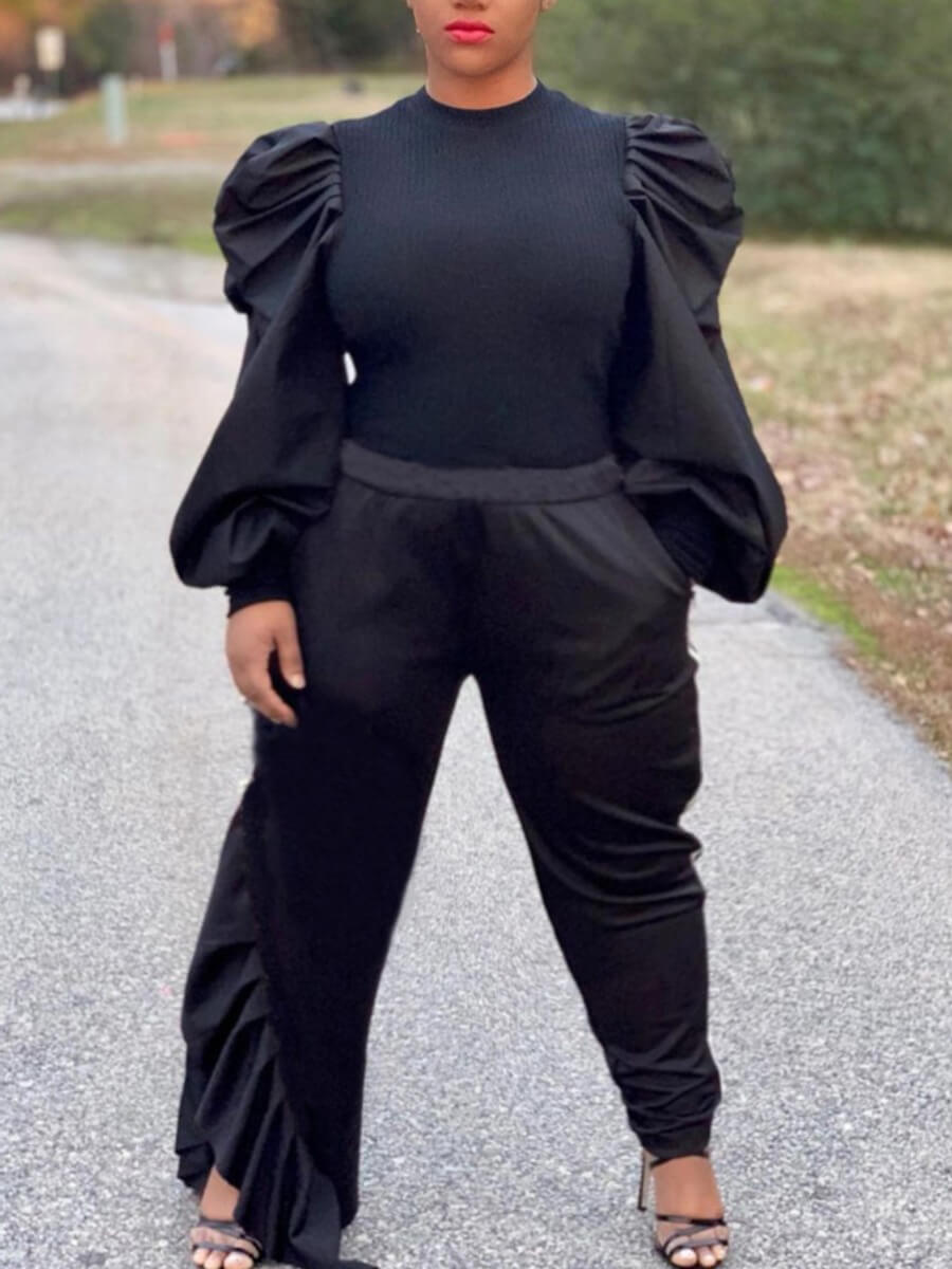 

Lovely Stylish O Neck Fold Design Black Plus Size Two-piece Pants Set