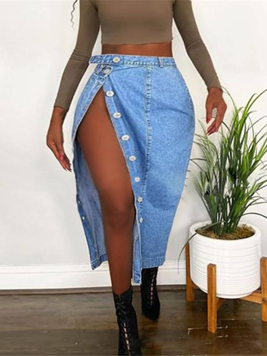 

Lovely Casual Buttons Design Blue Denim Skirt