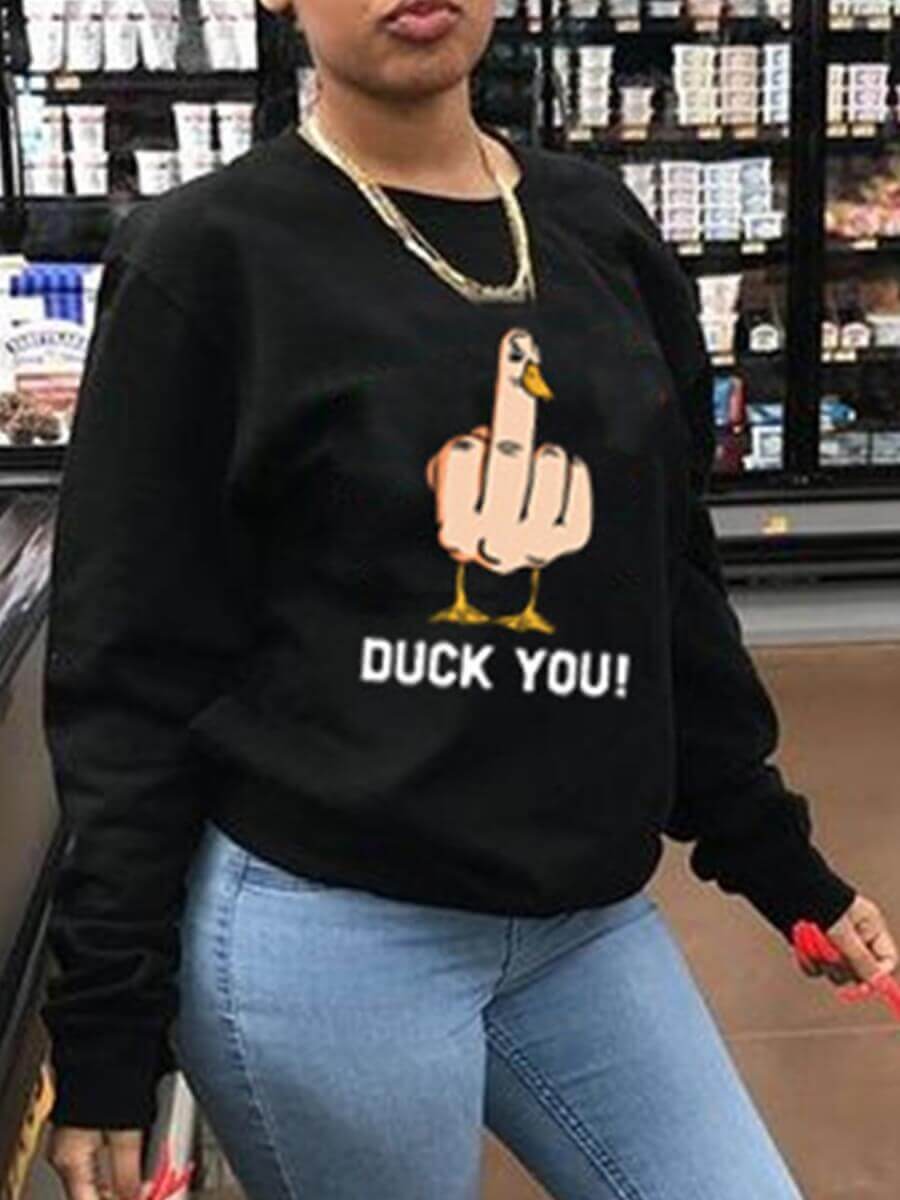 

Lovely Casual O Neck Print Black Hoodie