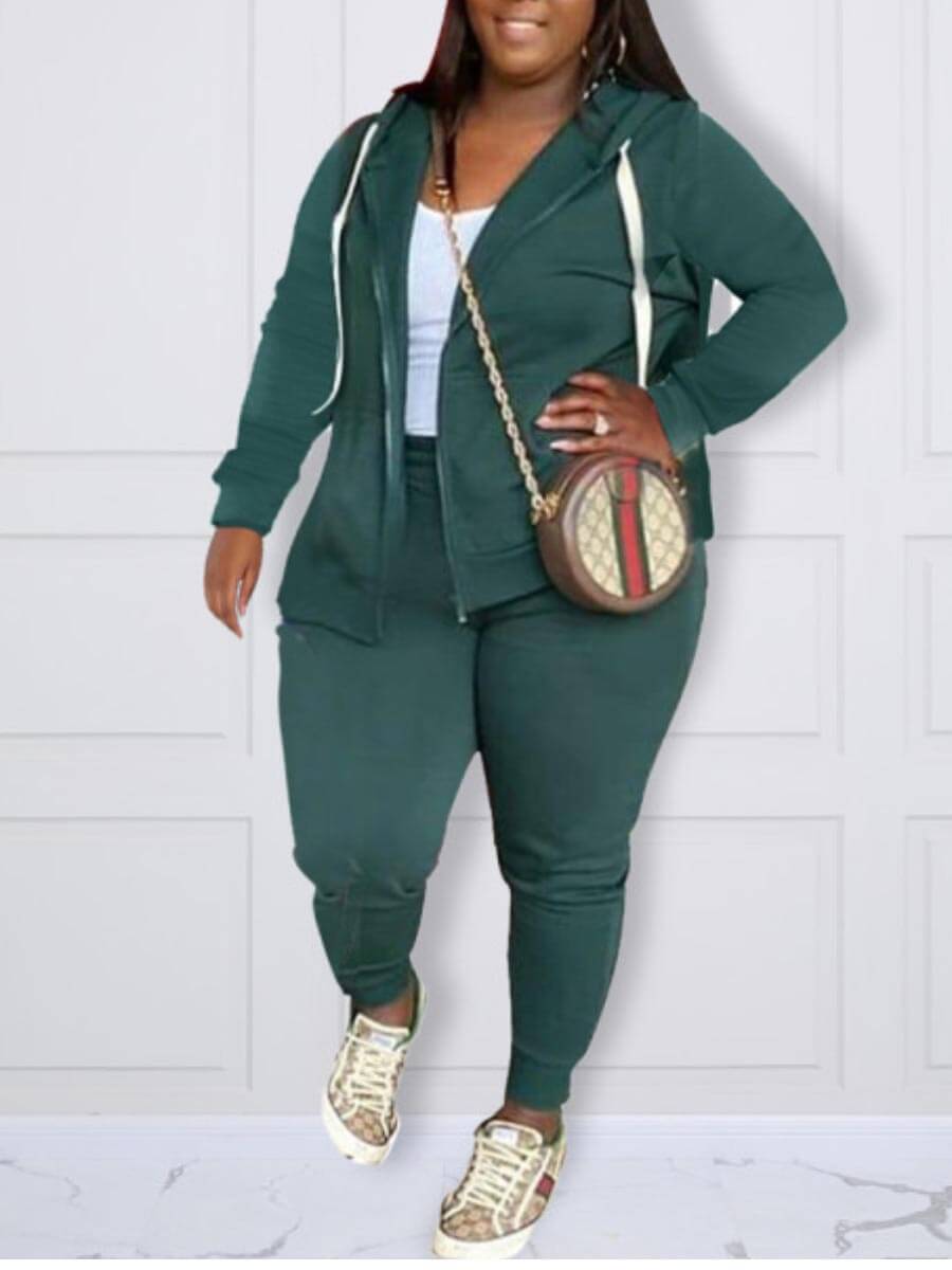 

Lovely Sportswear Hooded Collar Zipper Design Army Green Plus Size Two-piece Pants Set