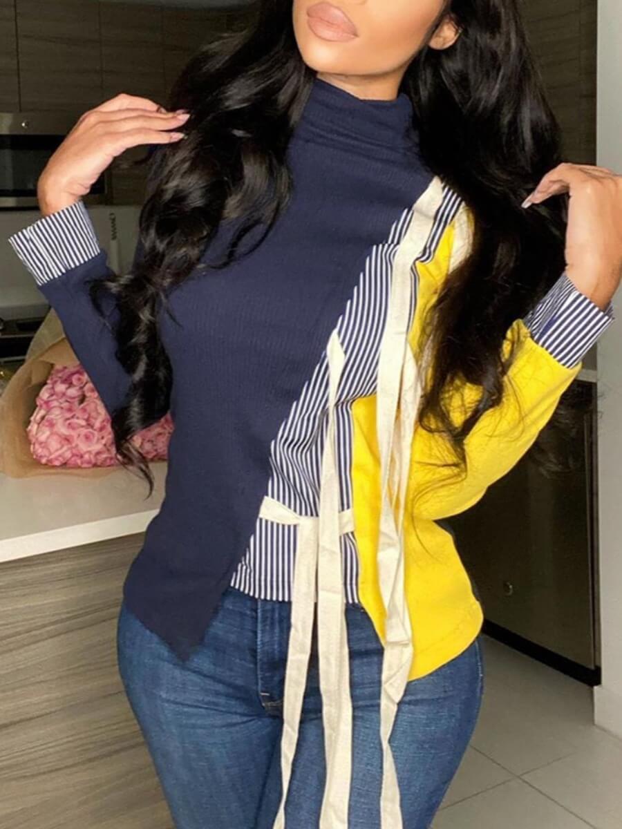 

Lovely Stylish Turtleneck Patchwork Lace-up Navy Blue Hoodie