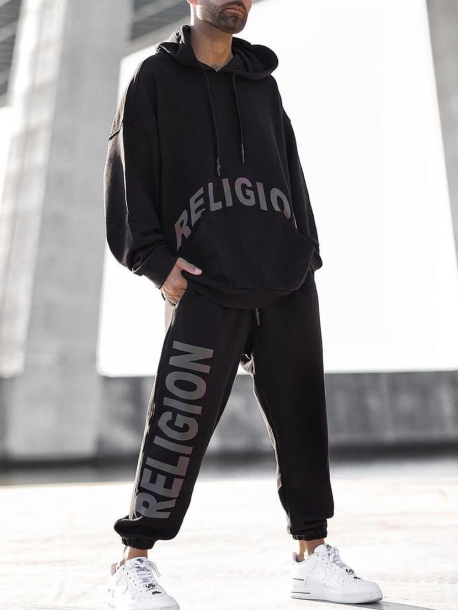 

Lovely Leisure Hooded Collar Letter Print Black Men Two-piece Pants Set